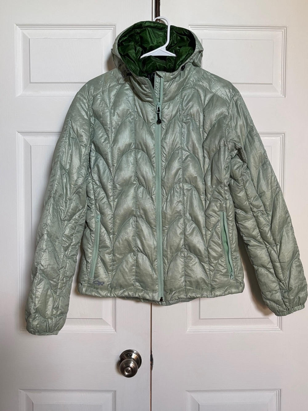 Outdoor Research Womens Goose Down Hooded Jacket Green Size L